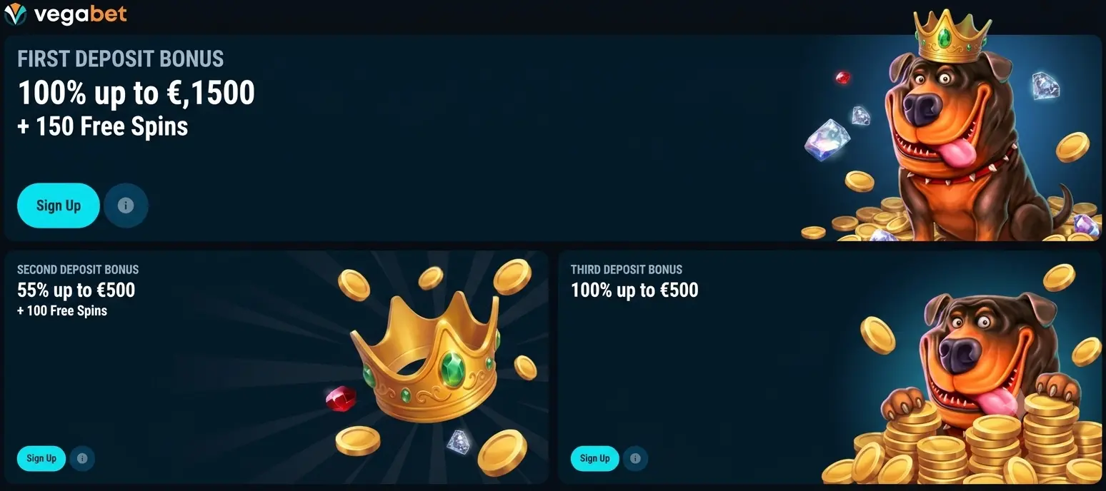Vegabet Casino promotions — Welcome Package, Sport First Deposit Bonus, reloads, cashback and slot tournaments